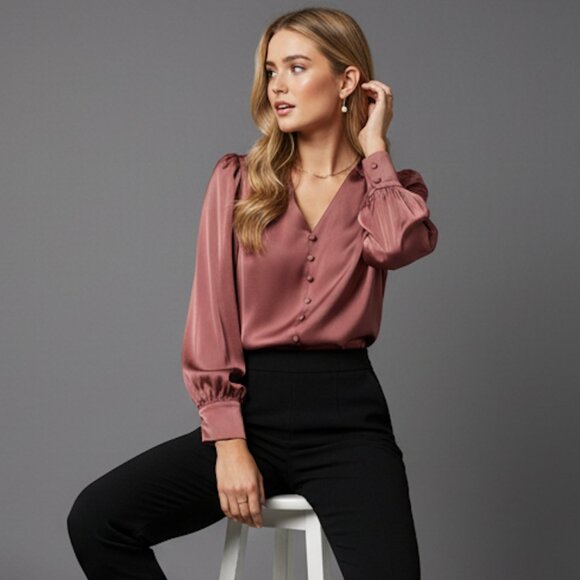 Dusty Pink Bishop Sleeve Blouse - Picture 3 of 8